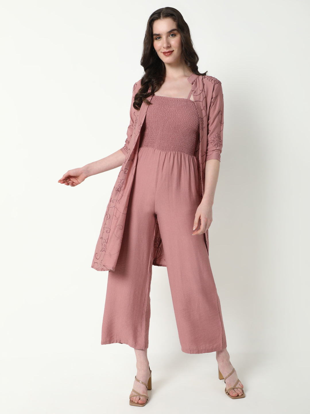 Women's Mauve Cotton Basic Jumpsuit with Shrug