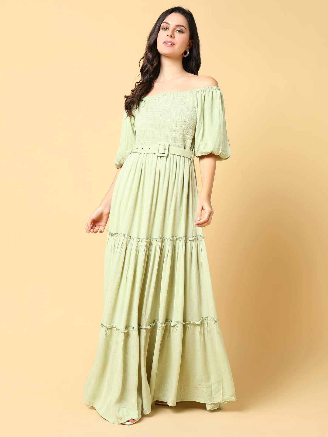 Women's Solid Green Fit and Flare Dress with Belt