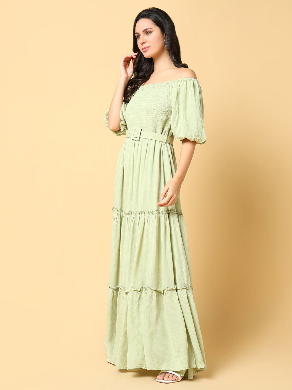 Women's Solid Green Fit and Flare Dress with Belt