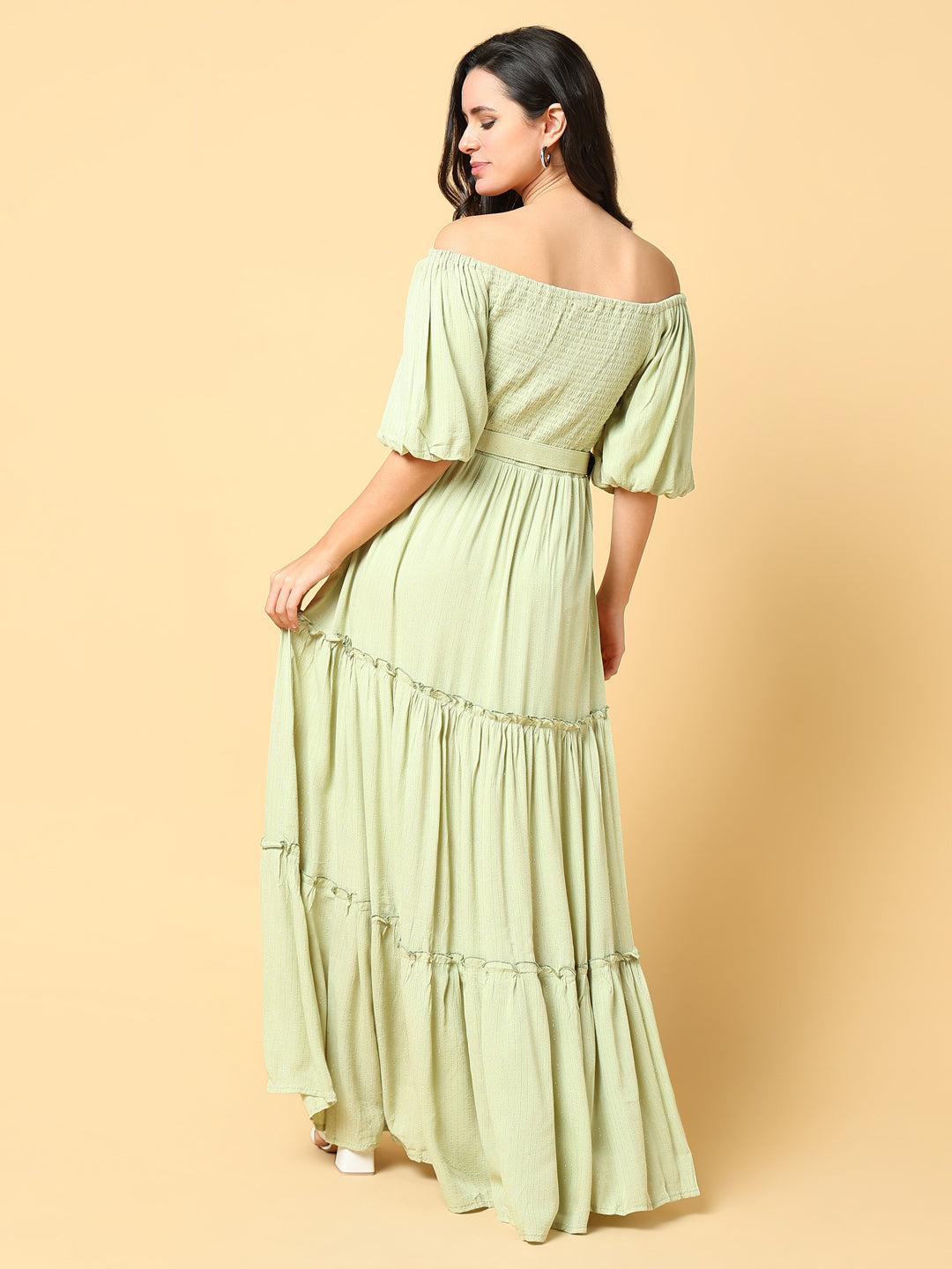 Women's Solid Green Fit and Flare Dress with Belt