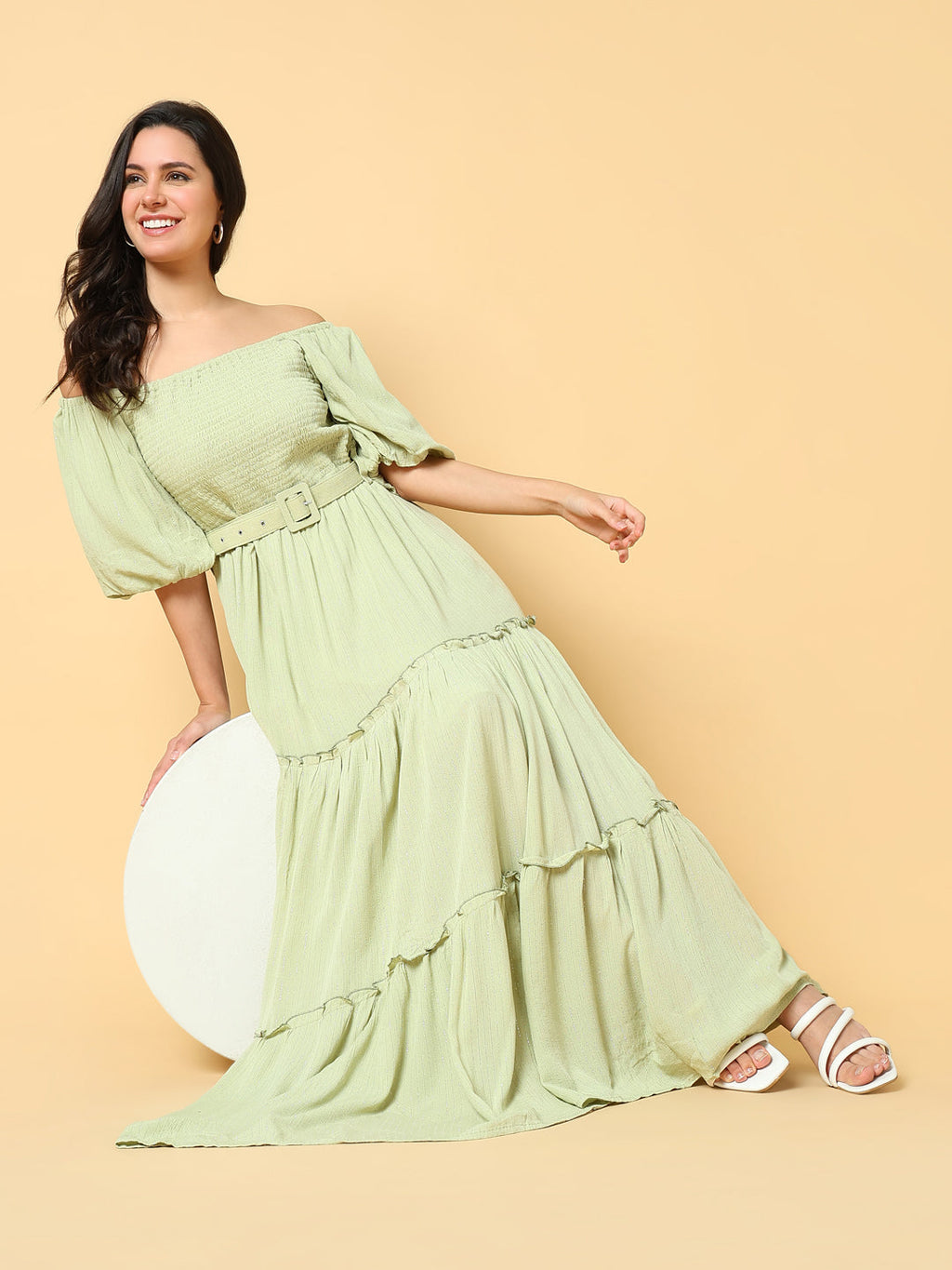 Women's Solid Green Fit and Flare Dress with Belt