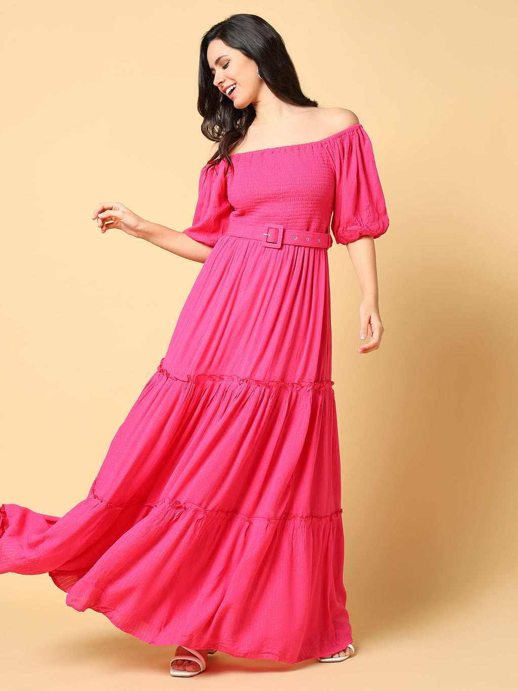 Women's Solid Pink Fit and Flare Dress with Belt