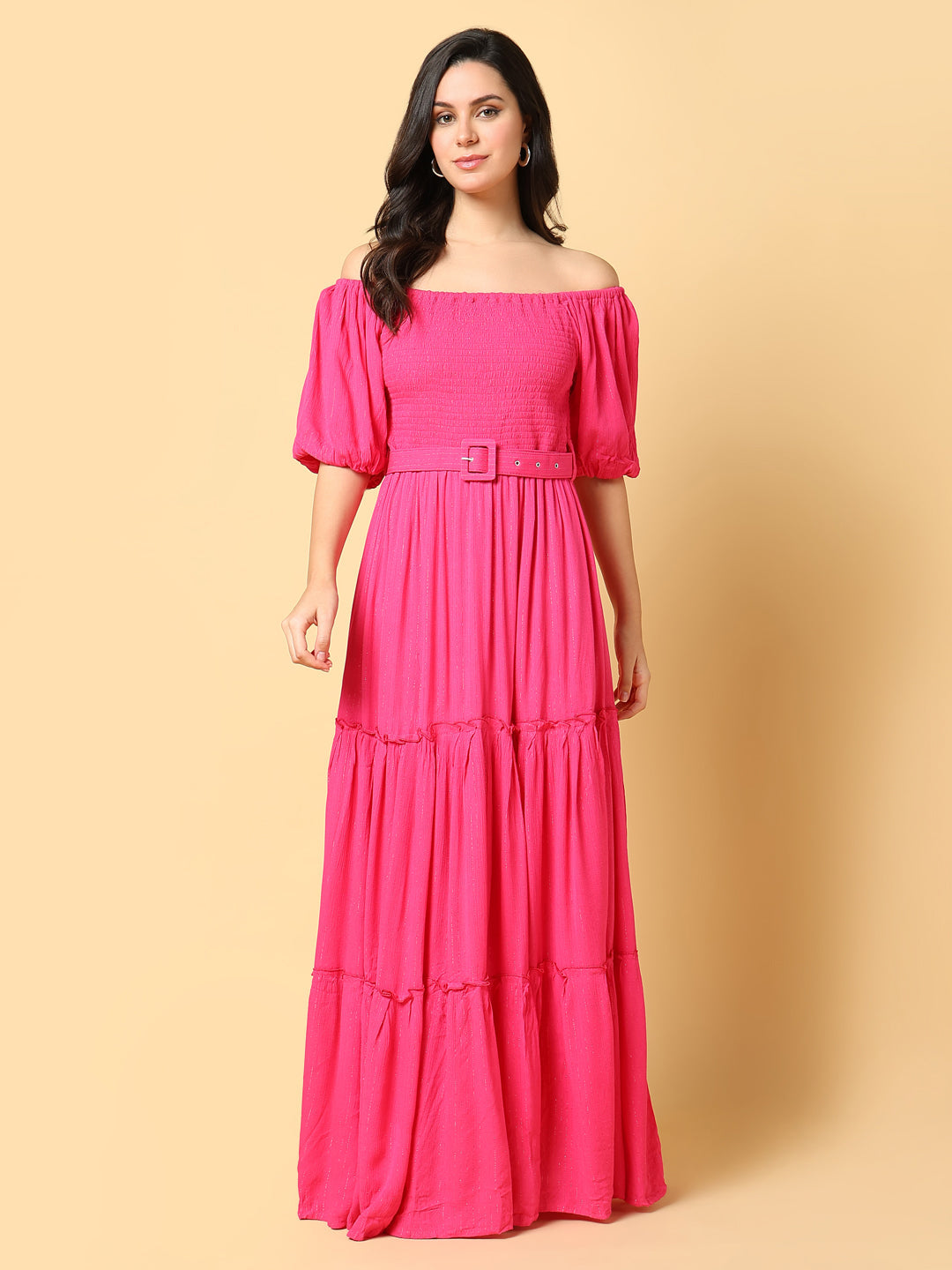 Women's Solid Pink Fit and Flare Dress with Belt