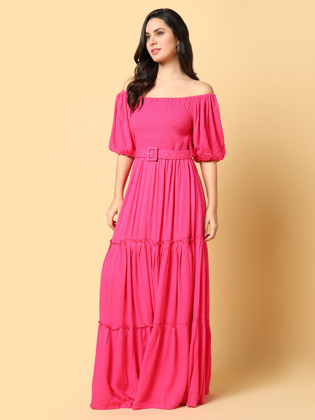 Women's Solid Pink Fit and Flare Dress with Belt