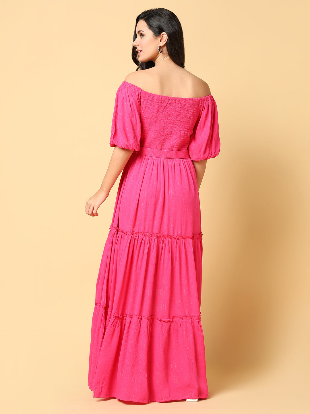 Women's Solid Pink Fit and Flare Dress with Belt