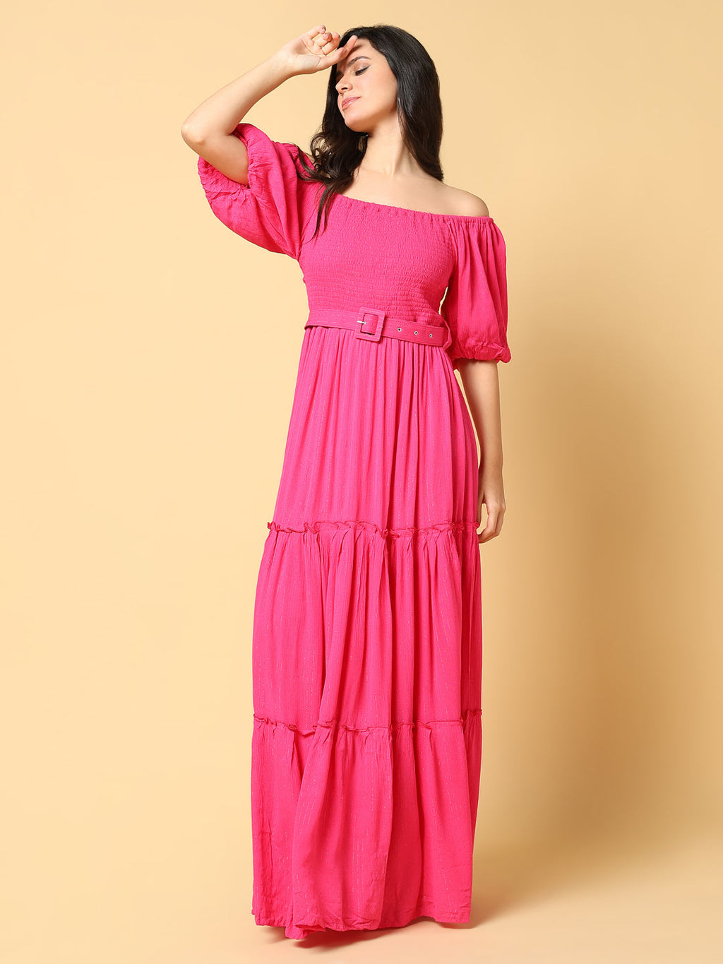 Women's Solid Pink Fit and Flare Dress with Belt