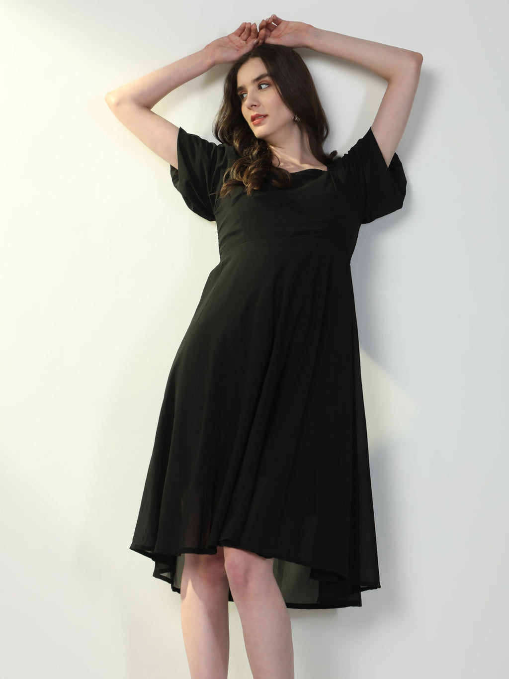 Women's Solid Black Flared Dress