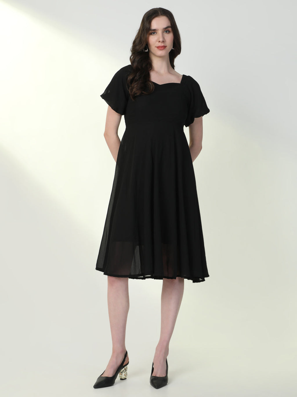 Women's Solid Black Flared Dress