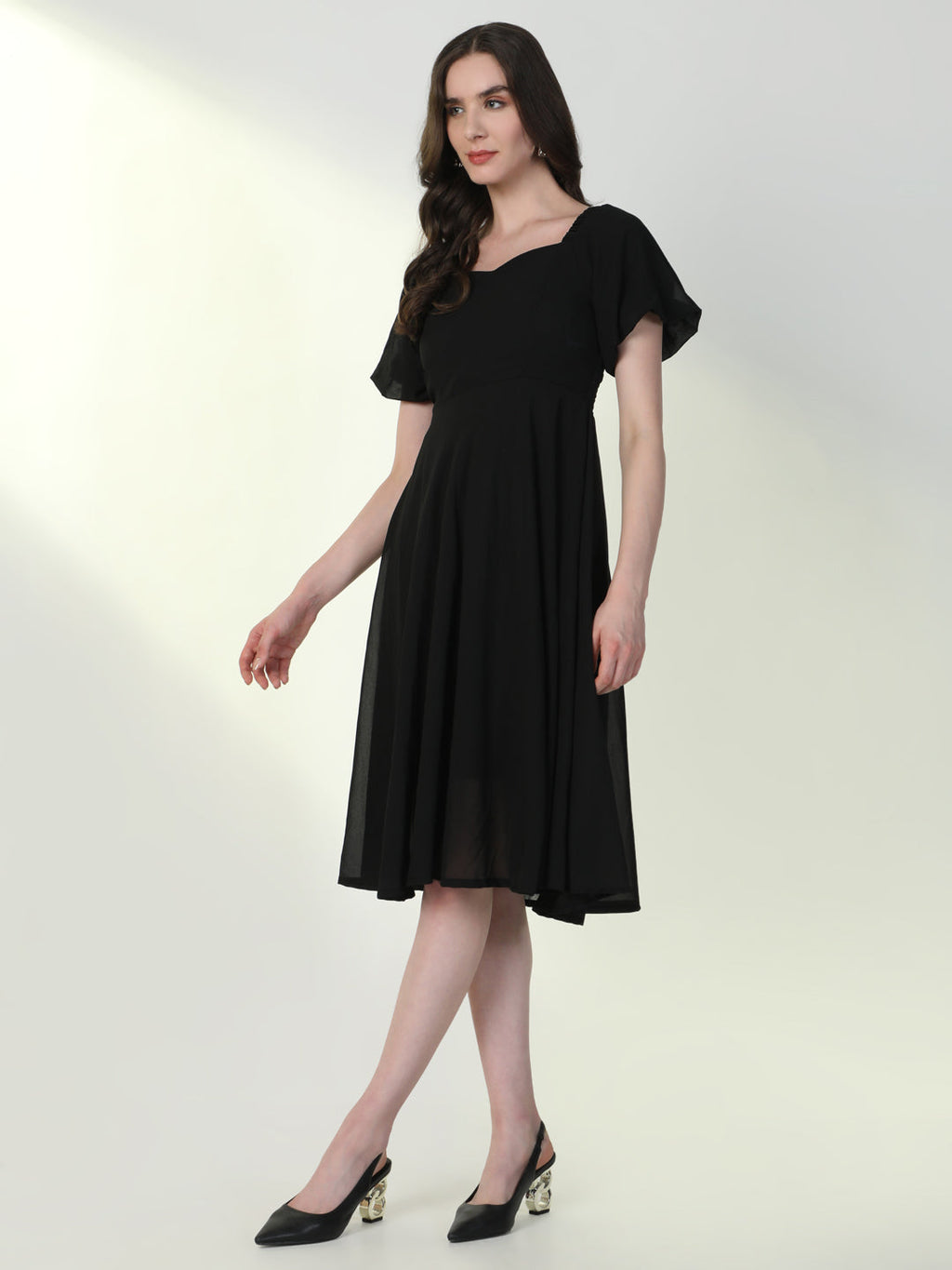 Women's Solid Black Flared Dress