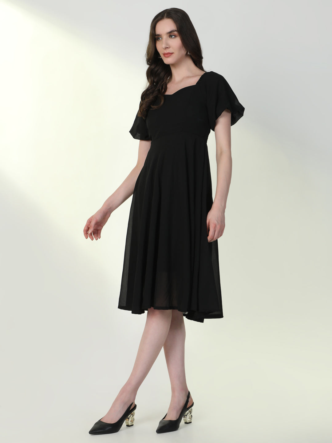 Women's Solid Black Flared Dress
