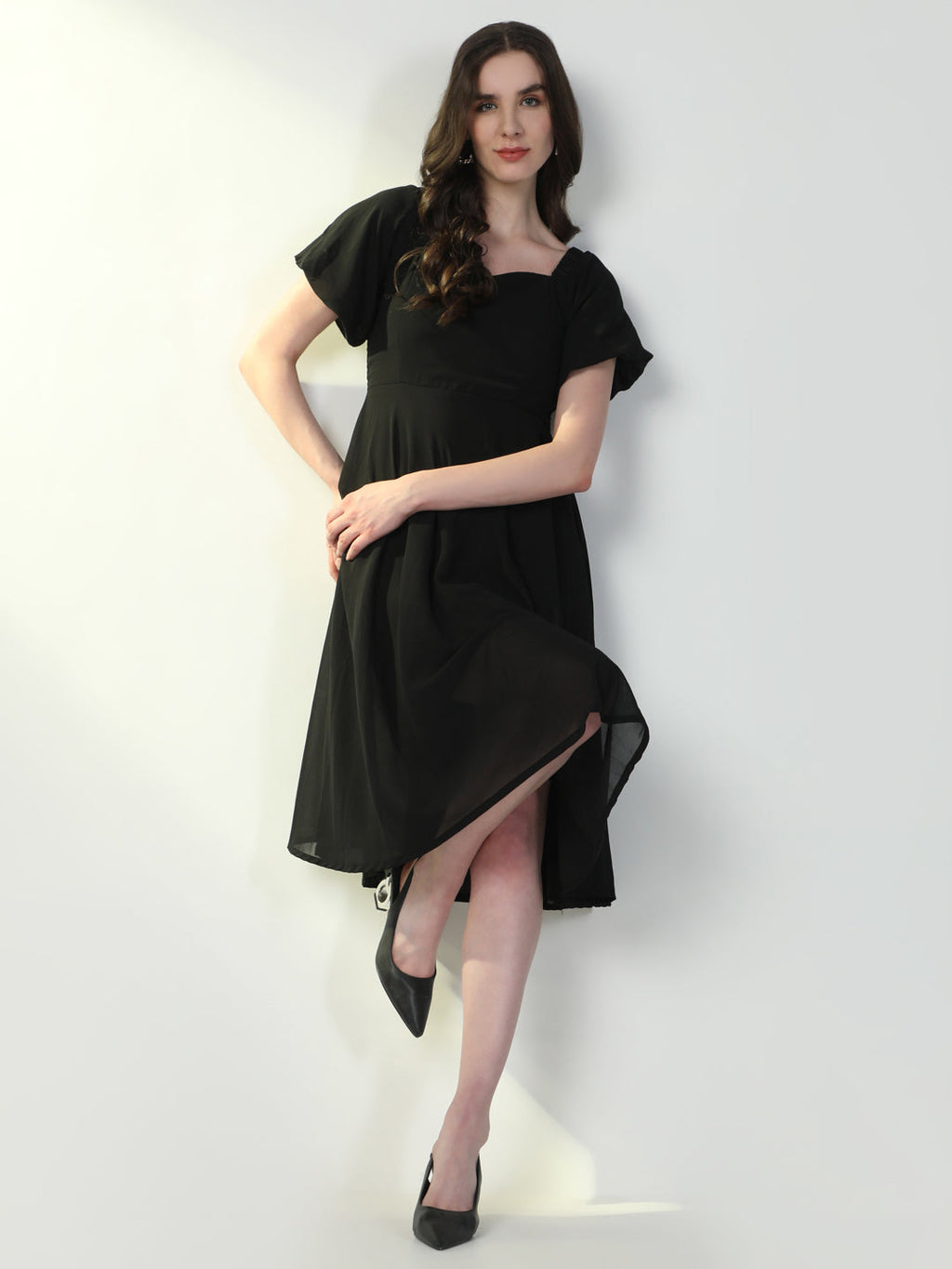 Women's Solid Black Flared Dress