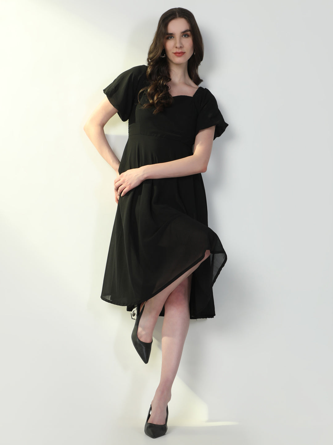 Women's Solid Black Flared Dress