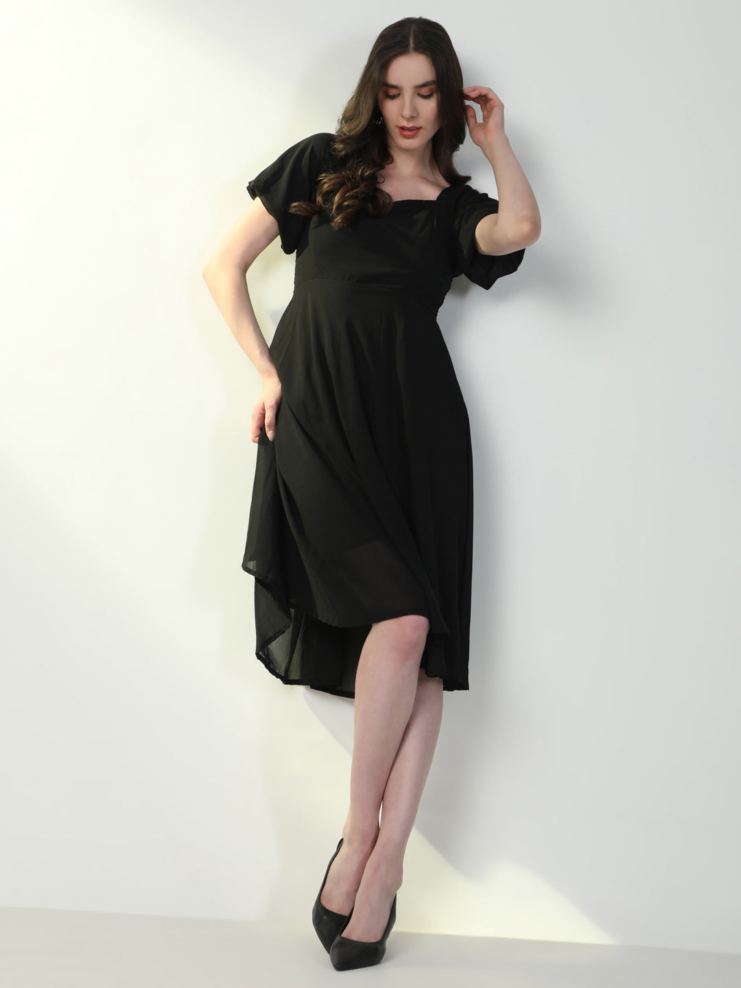 Women's Solid Black Flared Dress