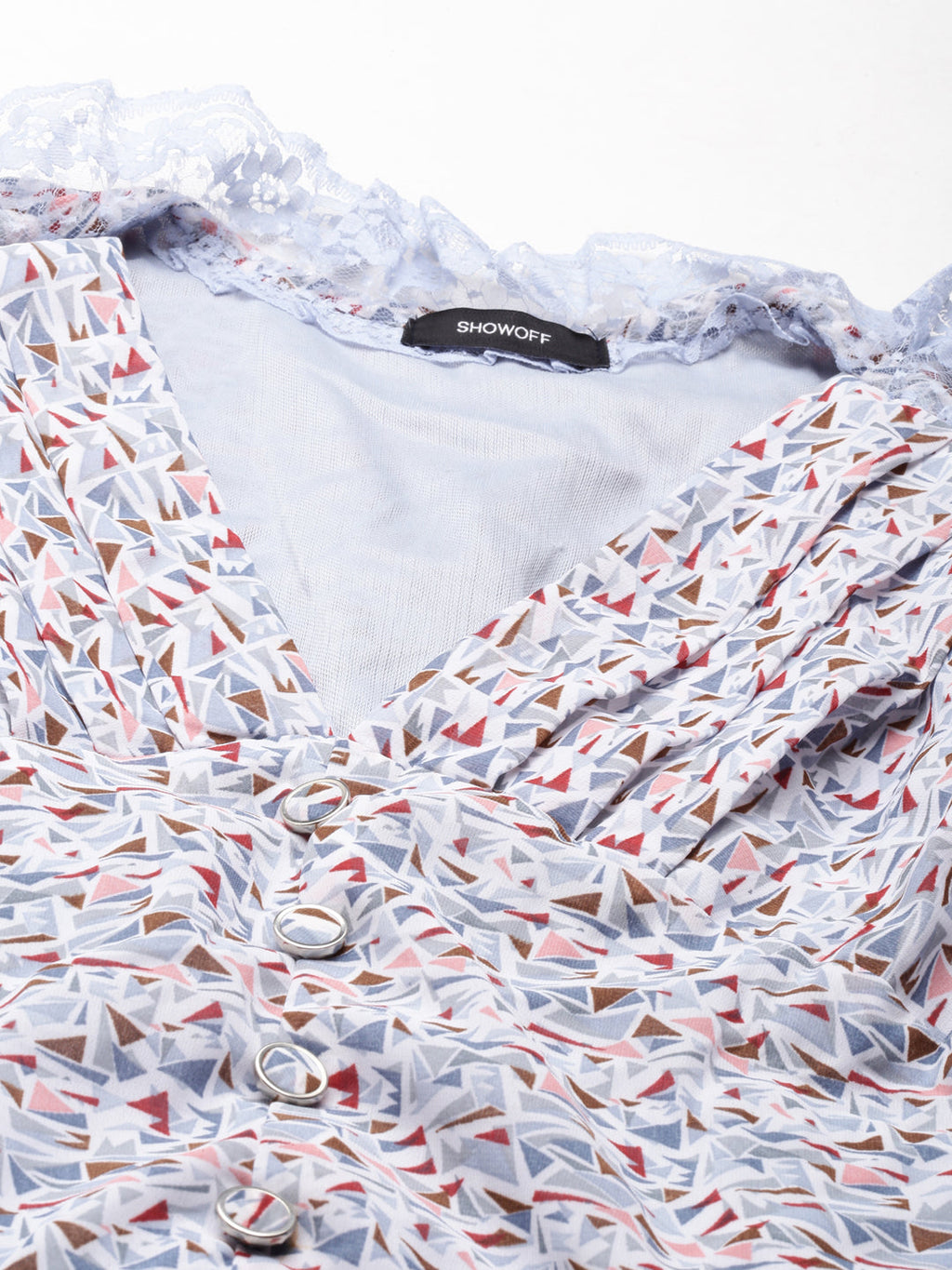 Women's Blue Geometric Printed Puff Sleeve V-Neck Fit & Flare Dress