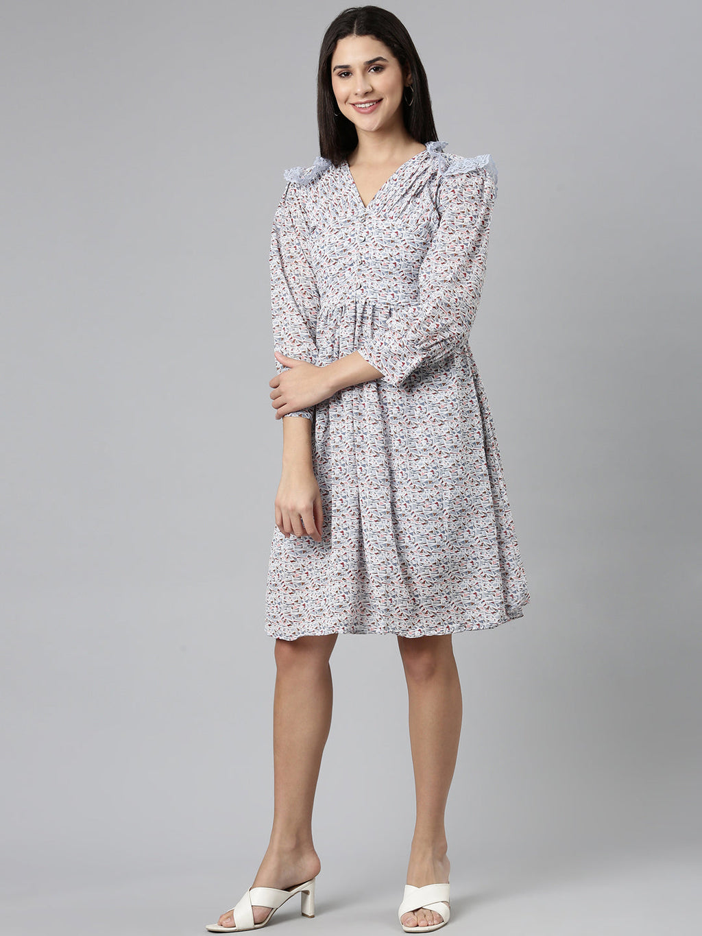 Women's Blue Geometric Printed Puff Sleeve V-Neck Fit & Flare Dress