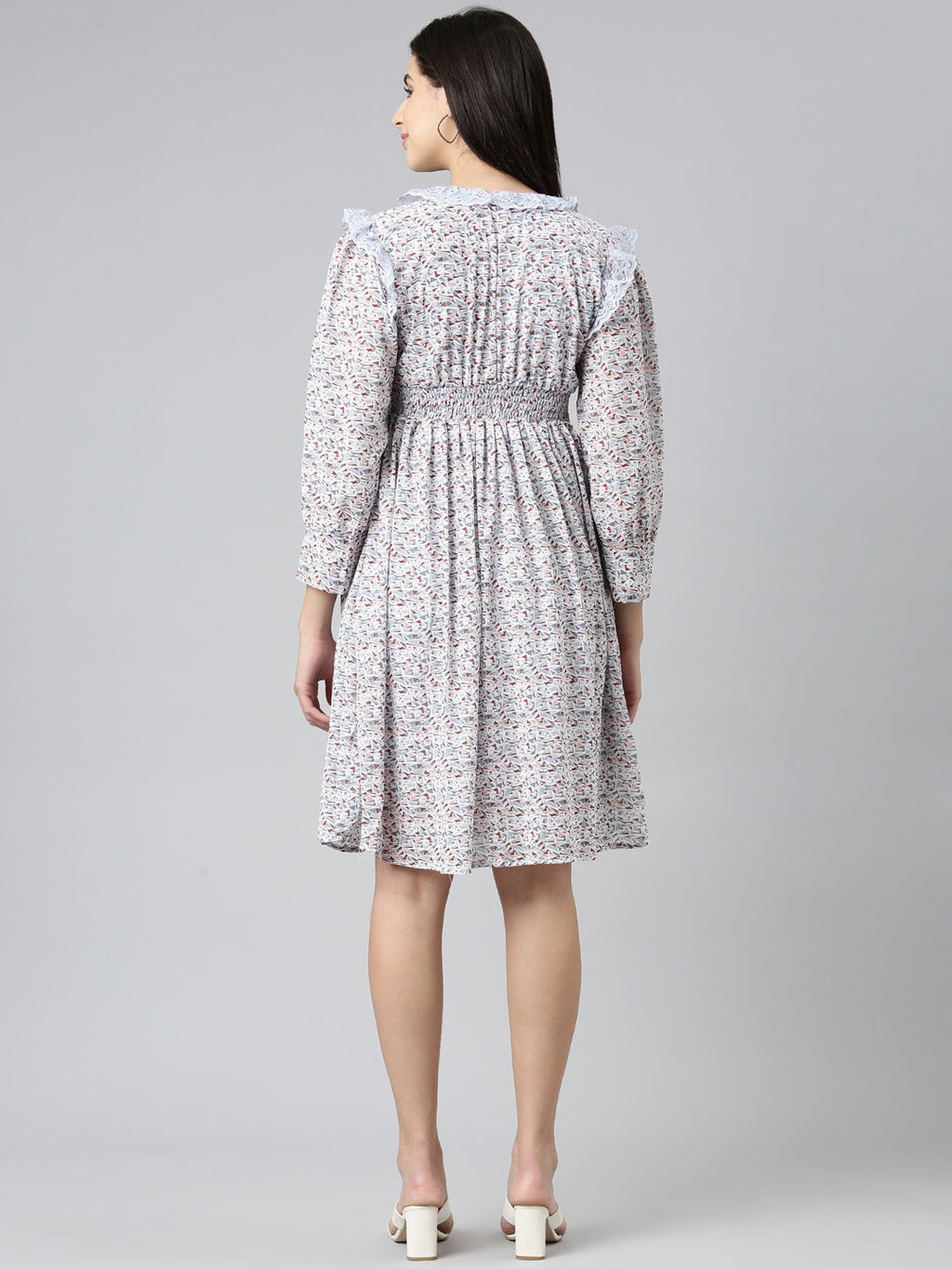 Women's Blue Geometric Printed Puff Sleeve V-Neck Fit & Flare Dress