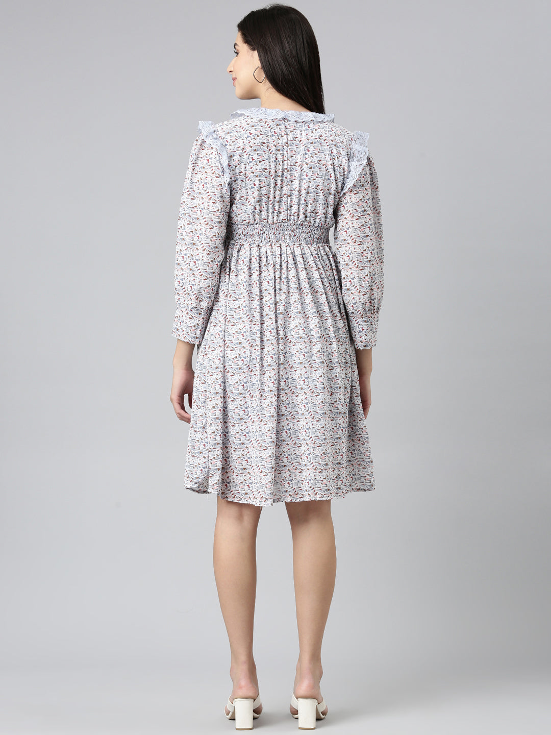 Women's Blue Geometric Printed Puff Sleeve V-Neck Fit & Flare Dress