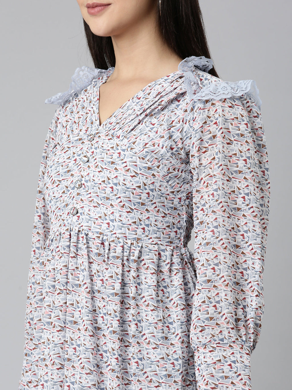 Women's Blue Geometric Printed Puff Sleeve V-Neck Fit & Flare Dress