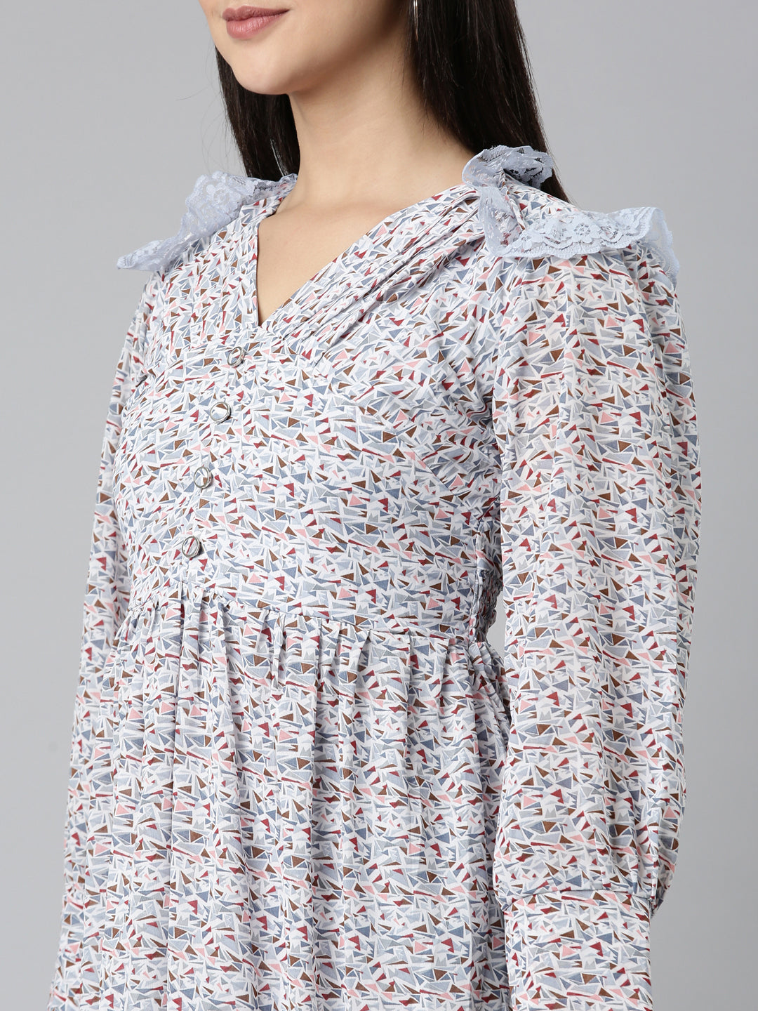 Women's Blue Geometric Printed Puff Sleeve V-Neck Fit & Flare Dress