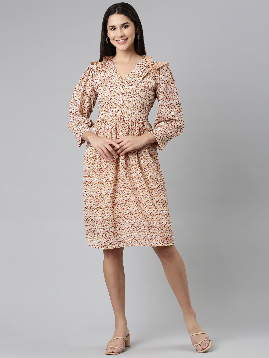 Women's Khaki Geometric Printed Fit & Flare Dress