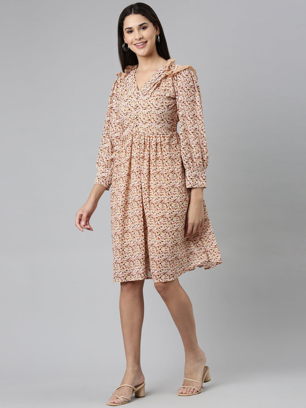 Women's Khaki Geometric Printed Fit & Flare Dress