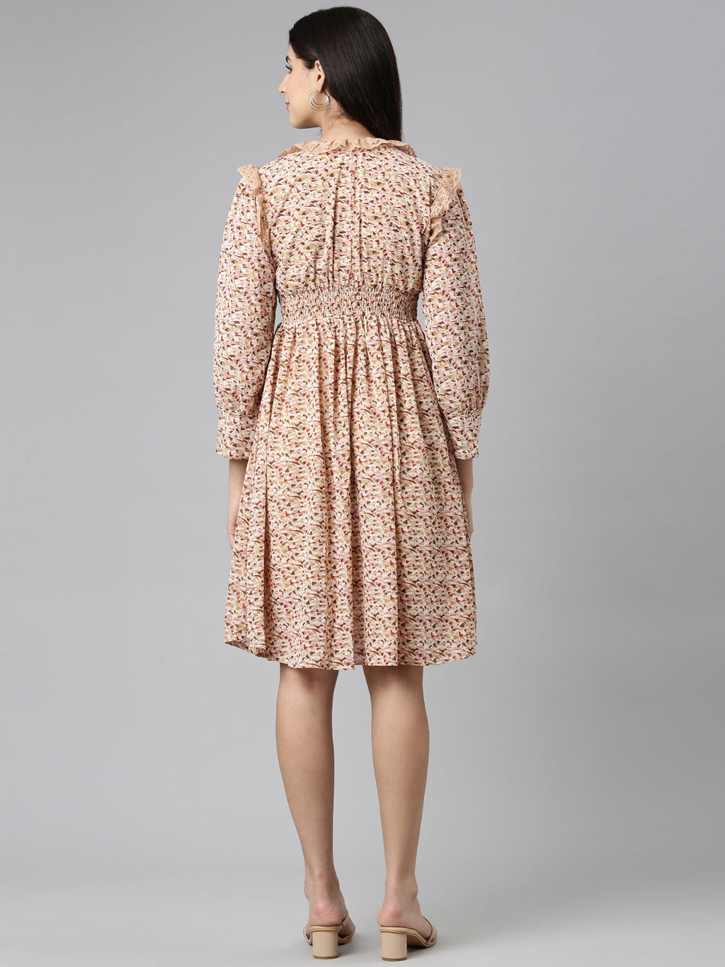 Women's Khaki Geometric Printed Fit & Flare Dress