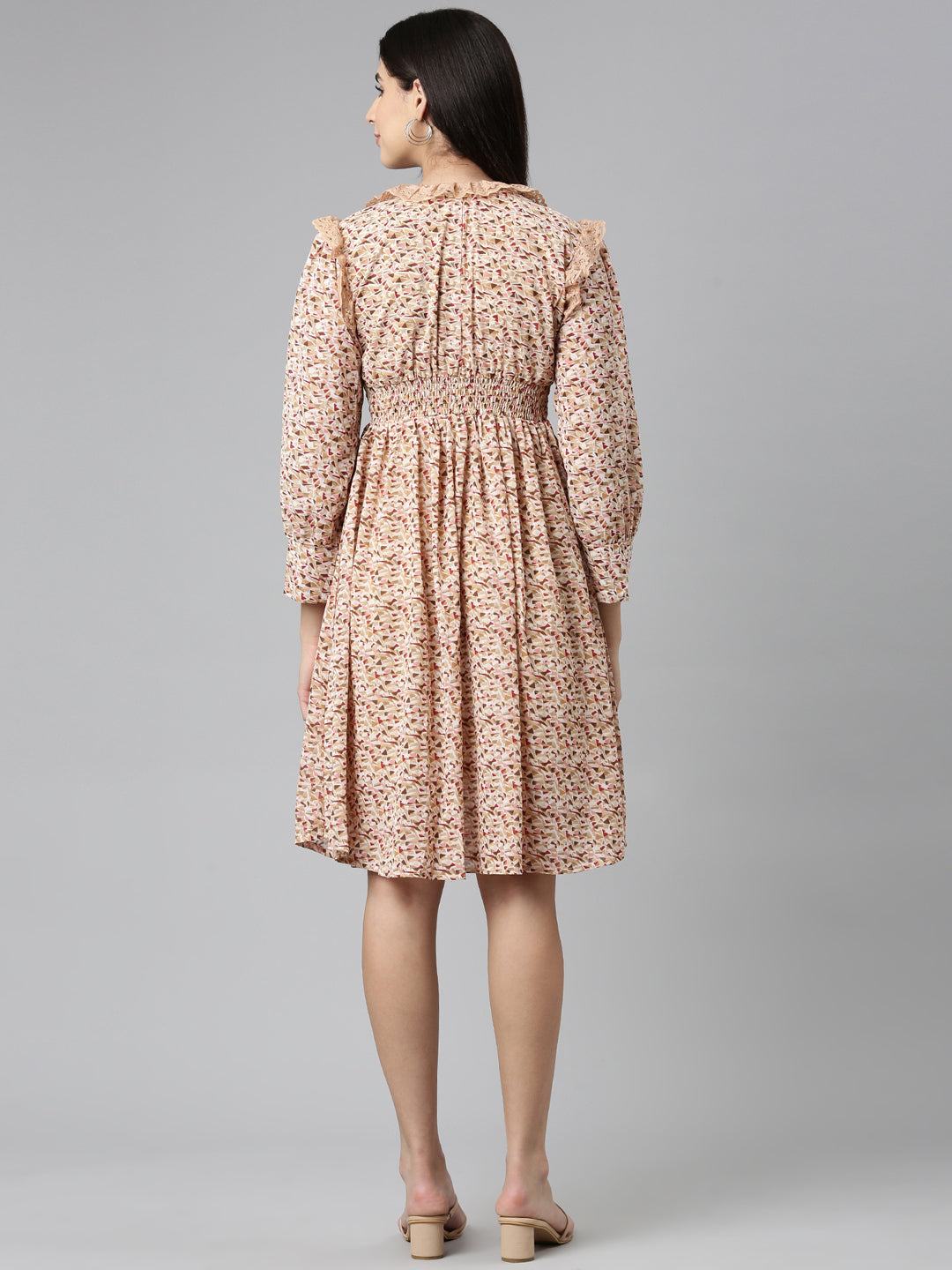 Women's Khaki Geometric Printed Fit & Flare Dress