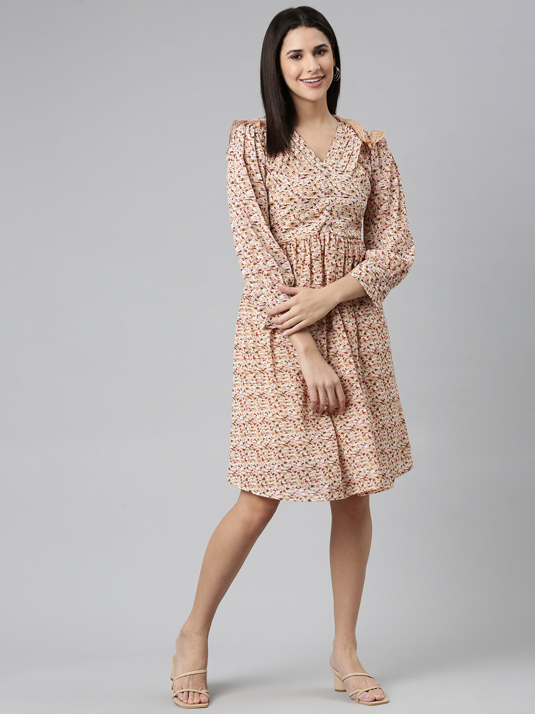 Women's Khaki Geometric Printed Fit & Flare Dress