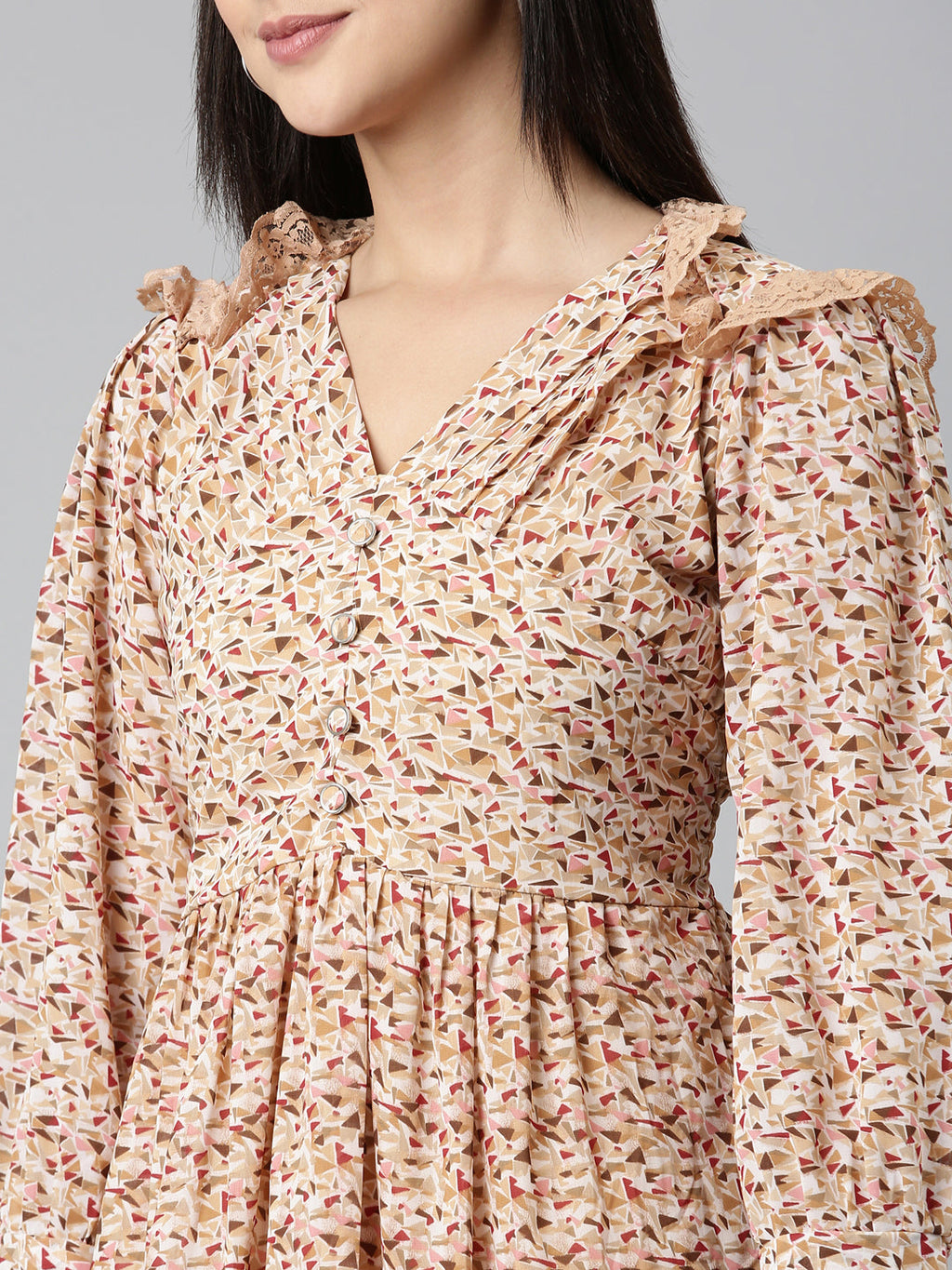 Women's Khaki Geometric Printed Fit & Flare Dress