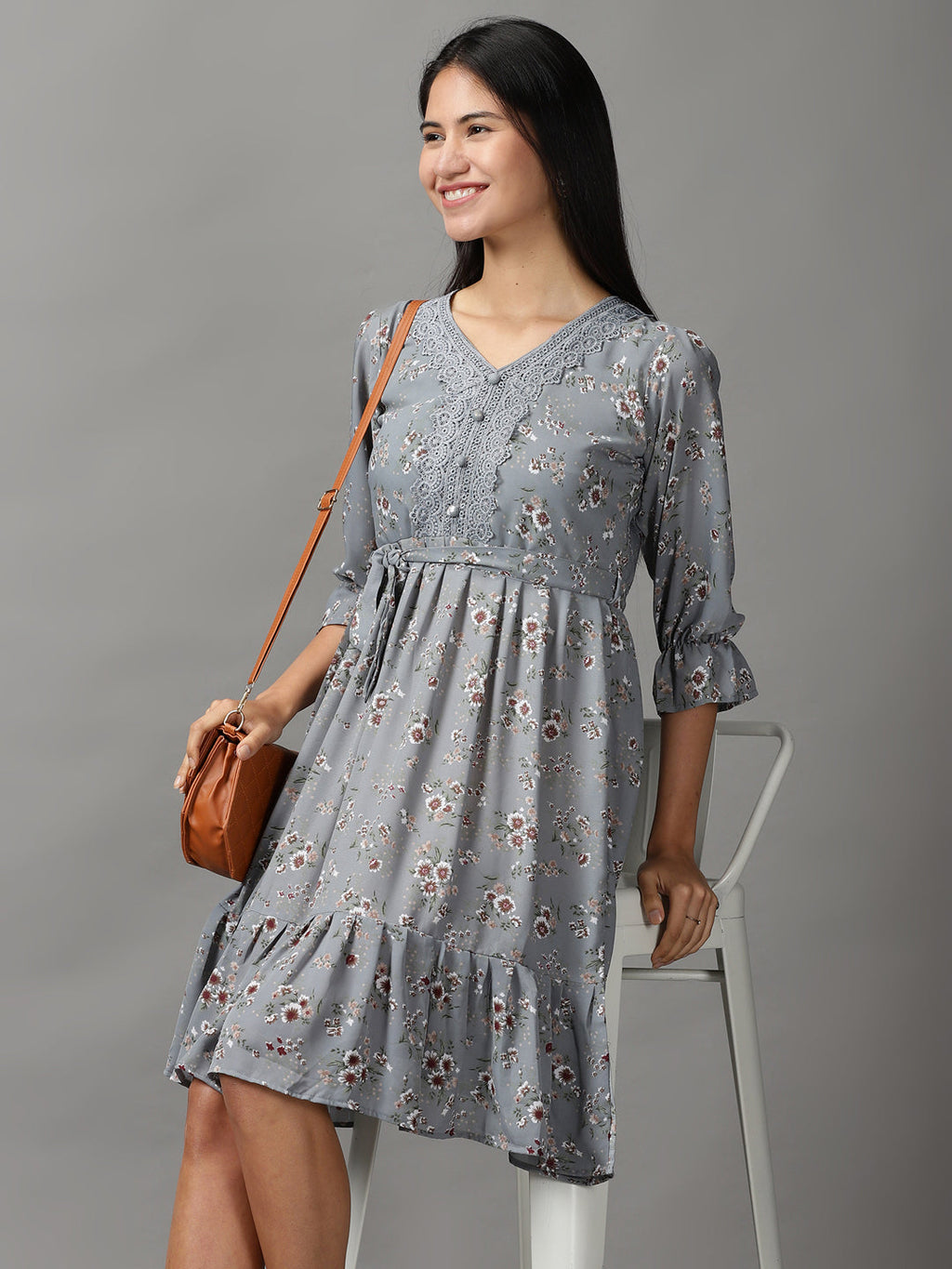 Women's Grey Floral Printed Fit & Flare Dress