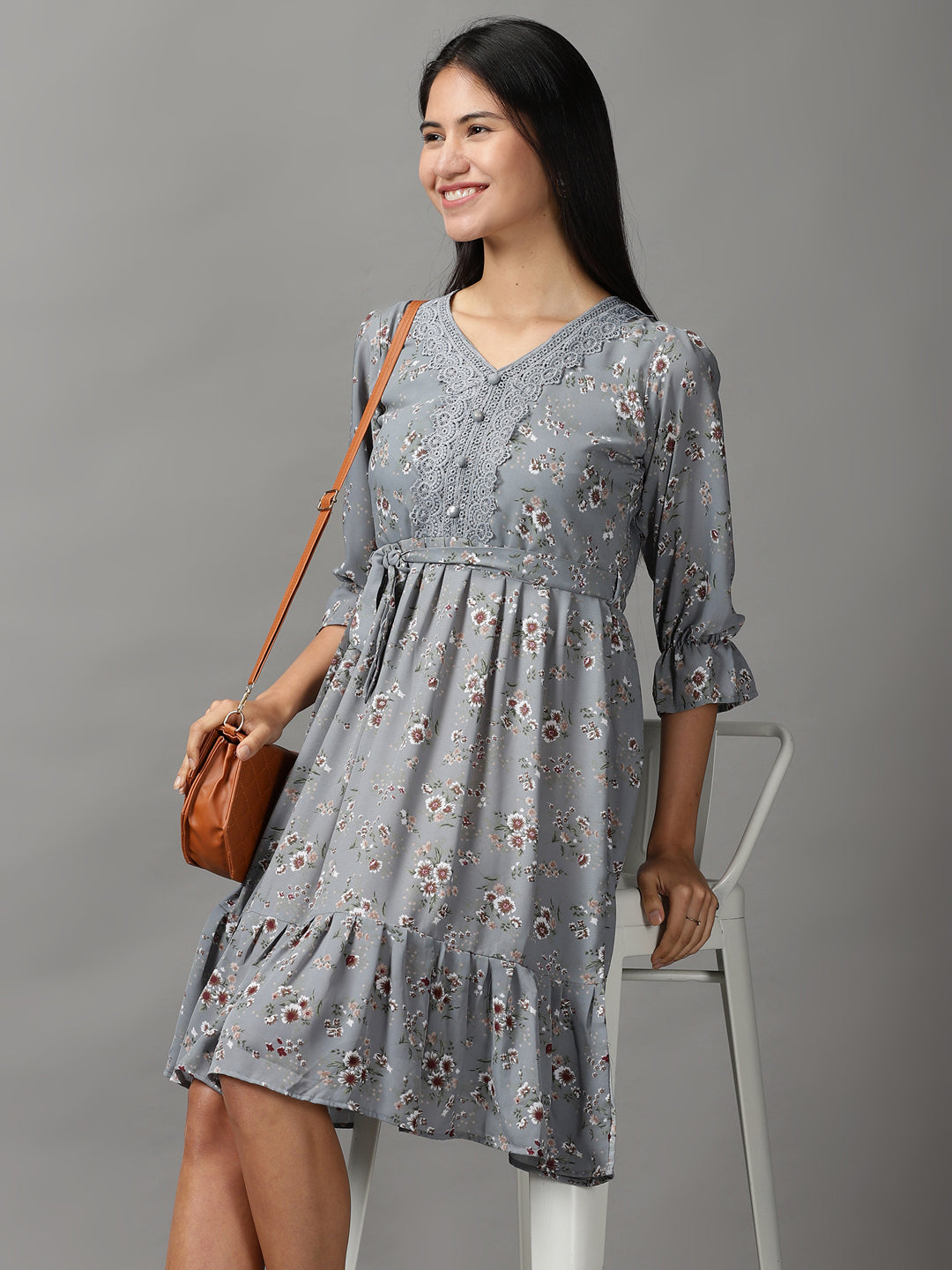Women's Grey Floral Printed Fit & Flare Dress