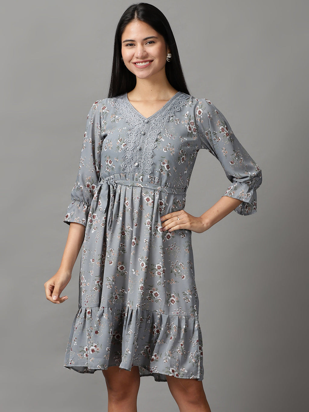 Women's Grey Floral Printed Fit & Flare Dress