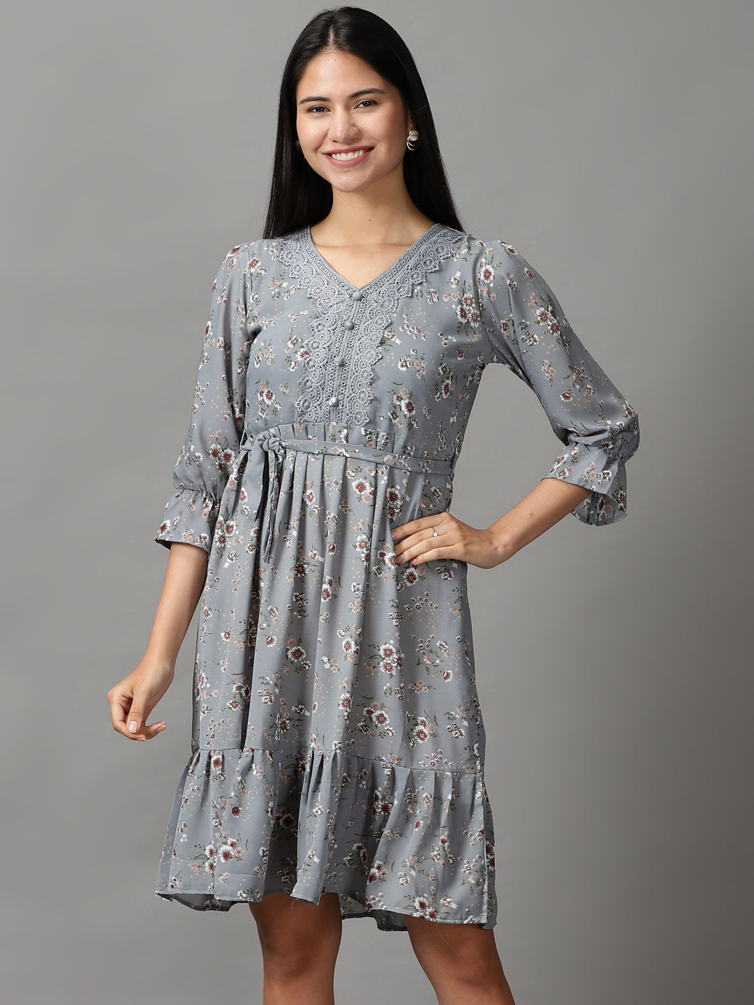Women's Grey Floral Printed Fit & Flare Dress