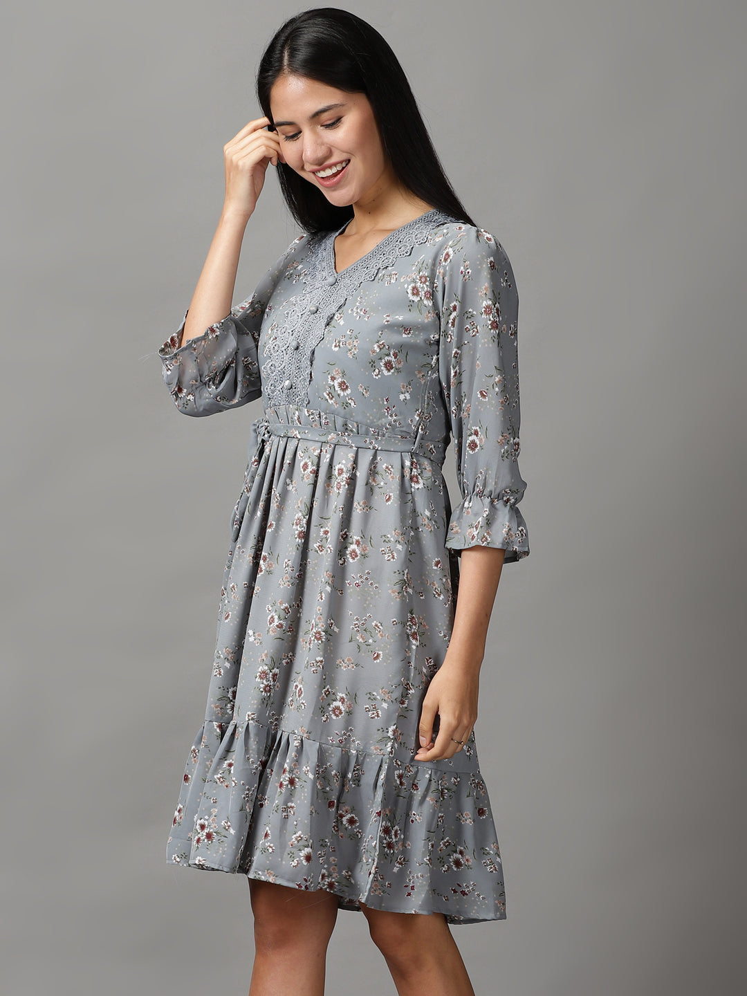 Women's Grey Floral Printed Fit & Flare Dress