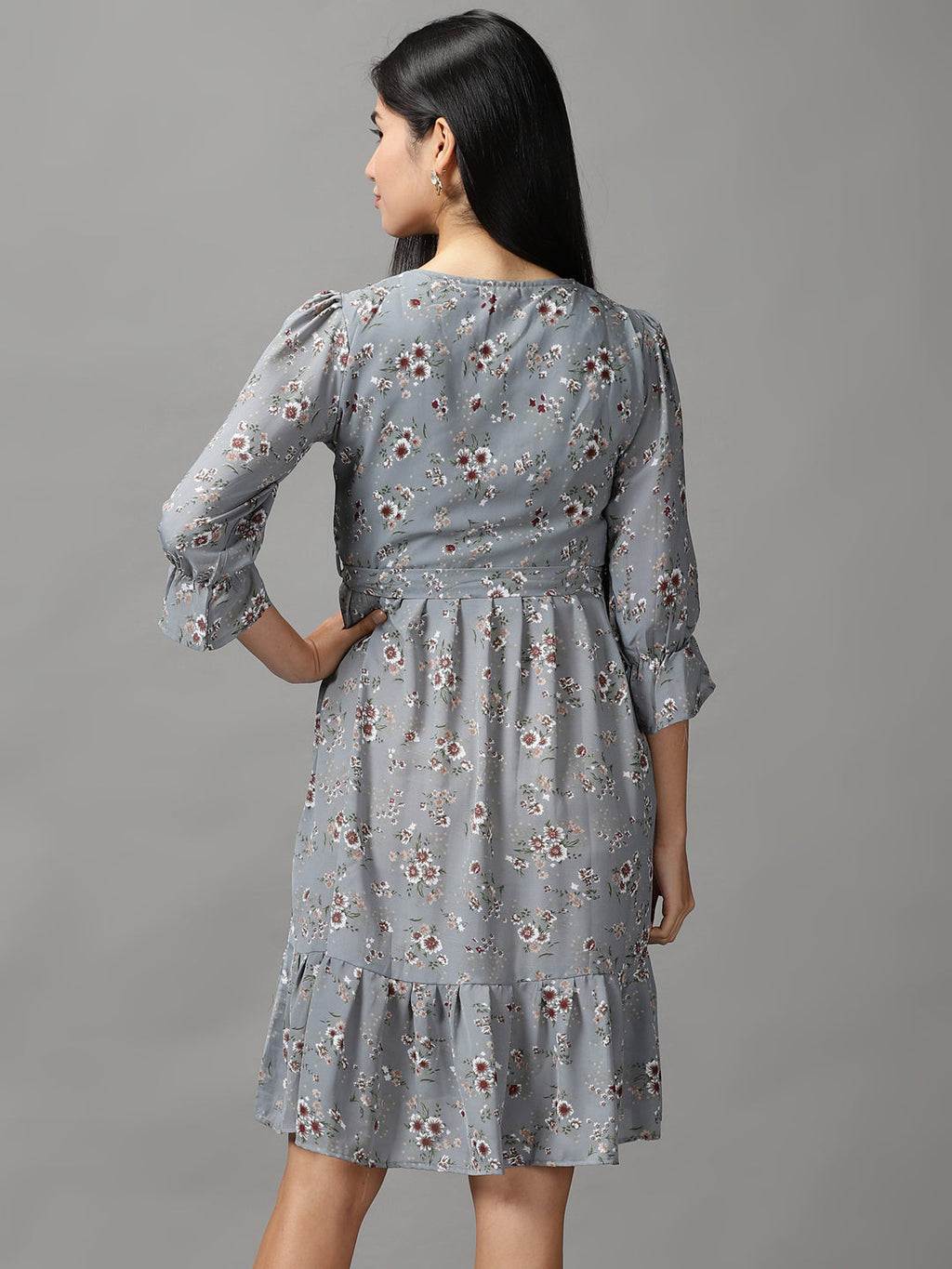 Women's Grey Floral Printed Fit & Flare Dress