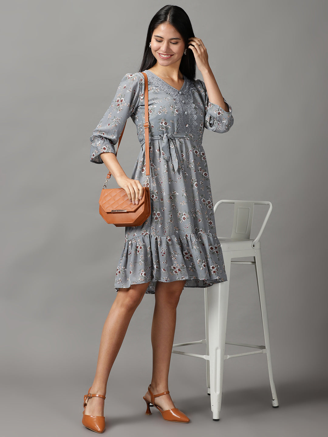 Women's Grey Floral Printed Fit & Flare Dress