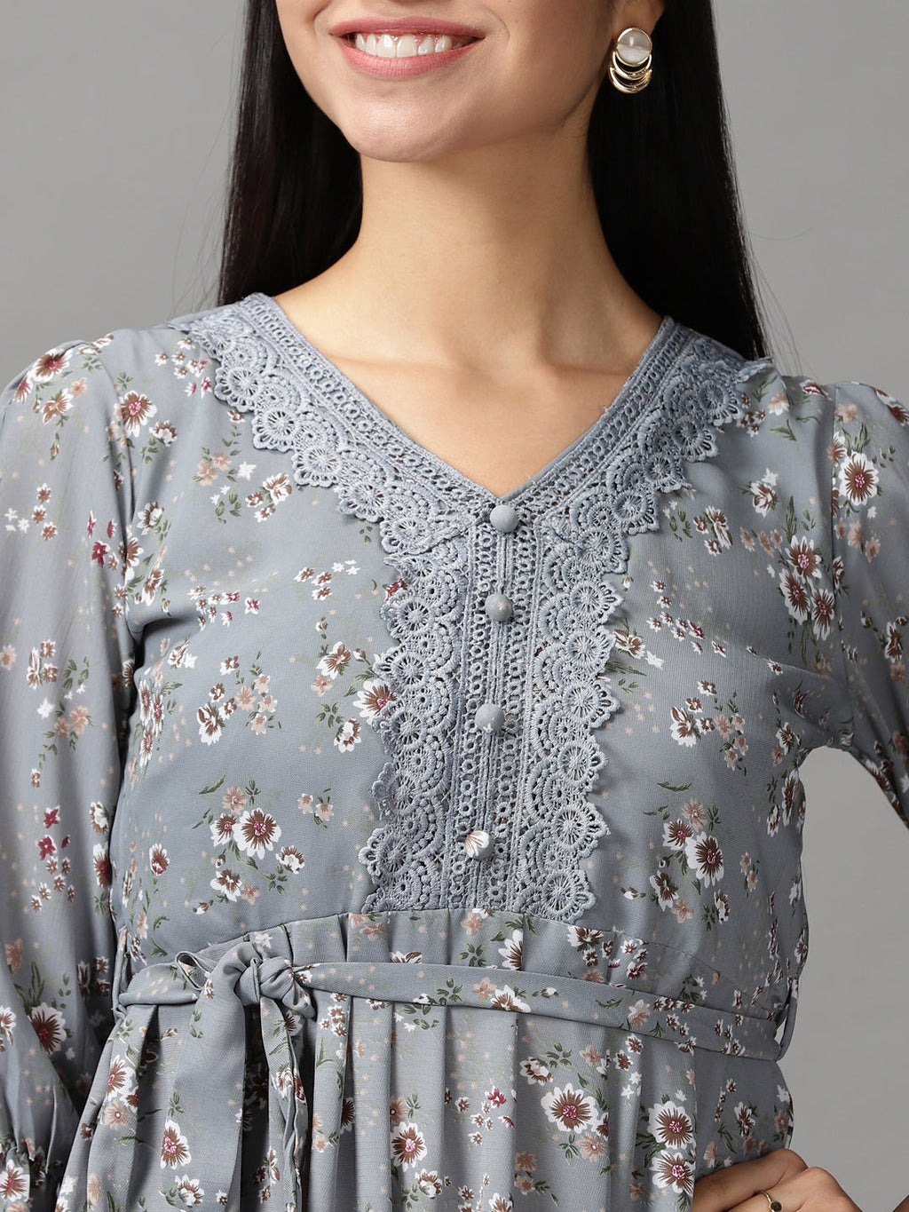 Women's Grey Floral Printed Fit & Flare Dress
