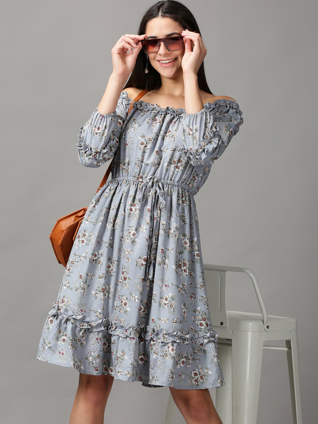 Women's Blue Floral Off-Shoulder Fit & Flare Dress