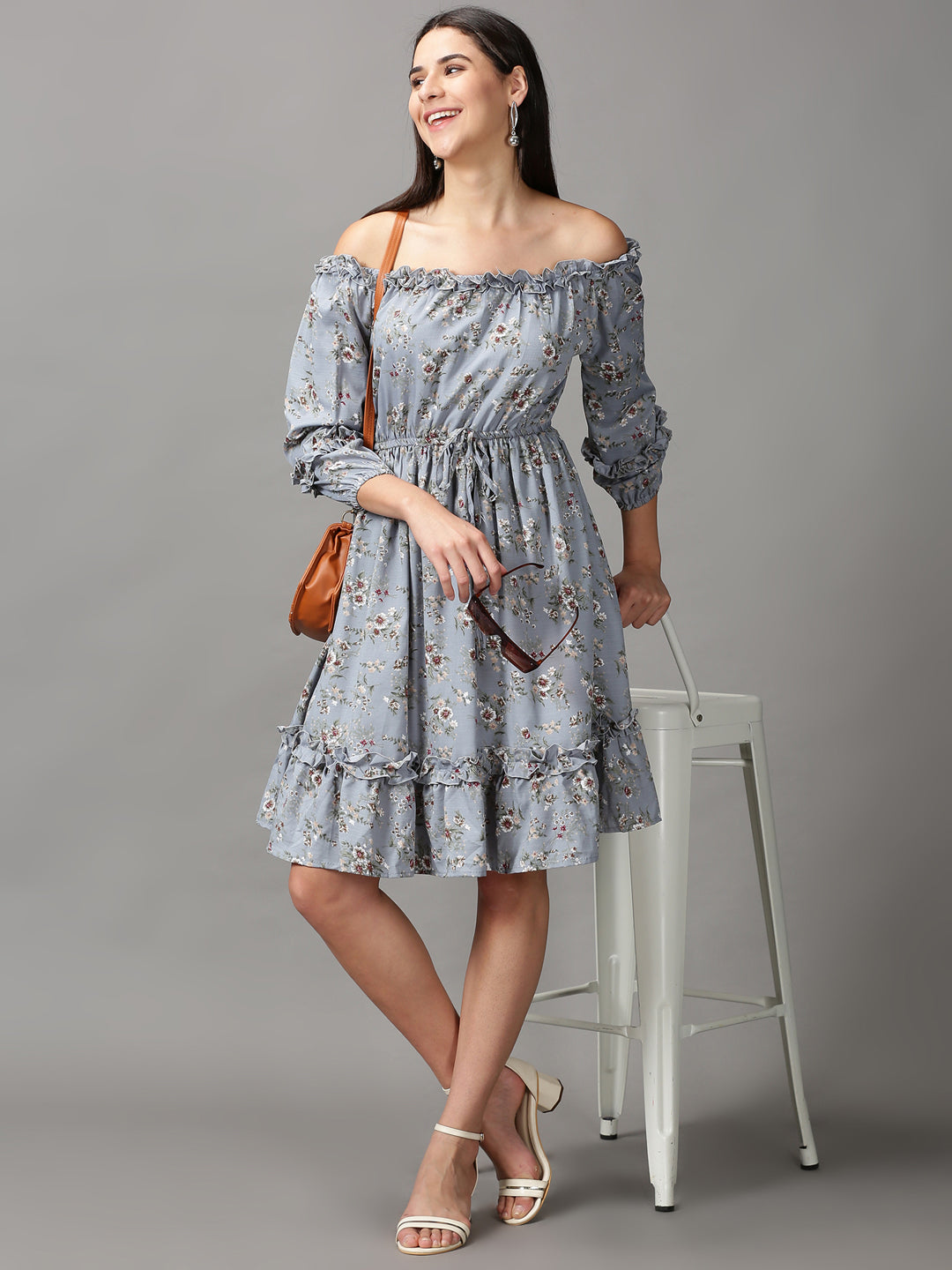 Women's Blue Floral Off-Shoulder Fit & Flare Dress