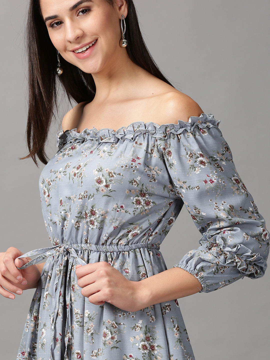 Women's Blue Floral Off-Shoulder Fit & Flare Dress