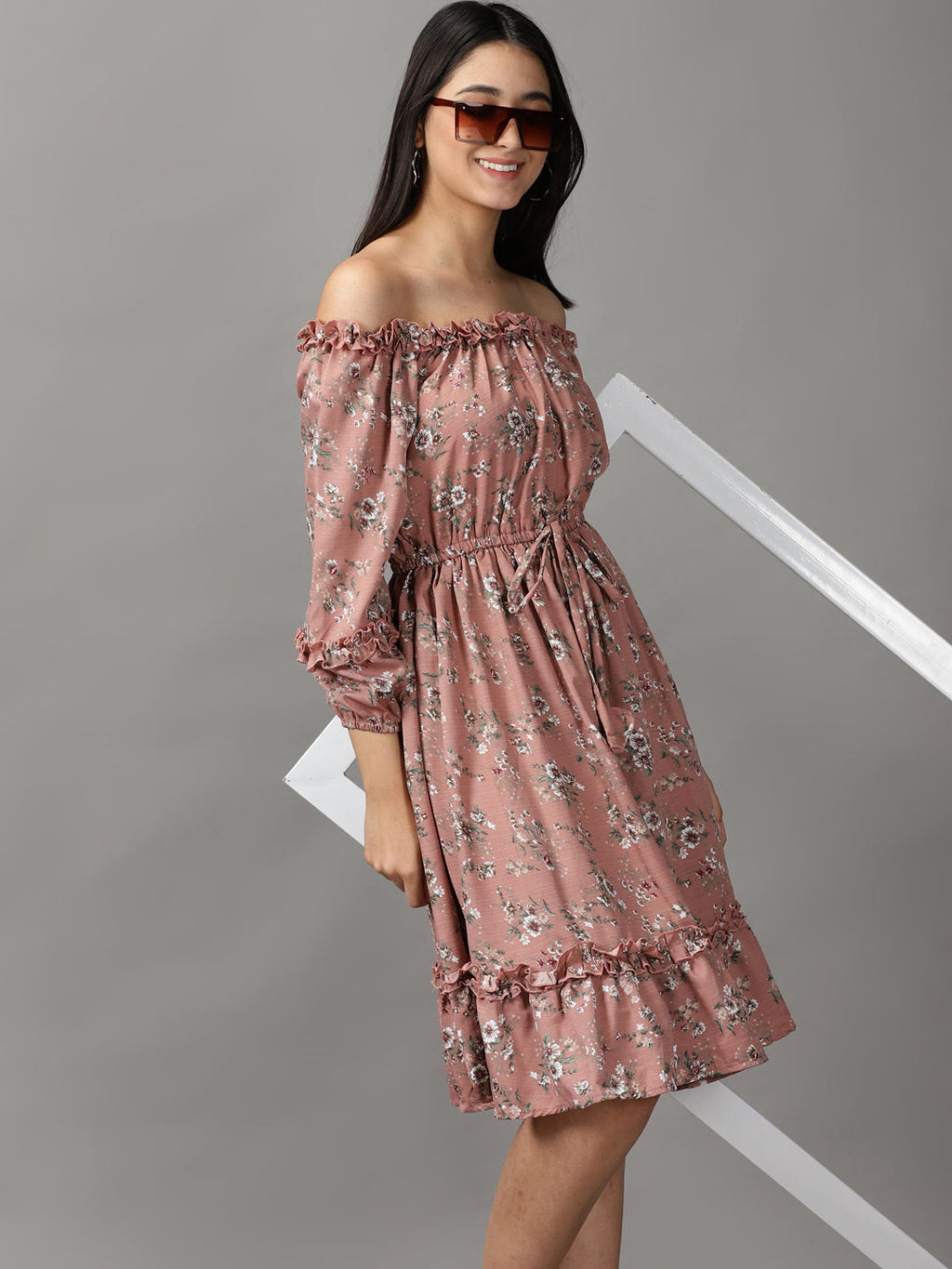 Women's Mauve Floral Off-Shoulder Fit & Flare Dress