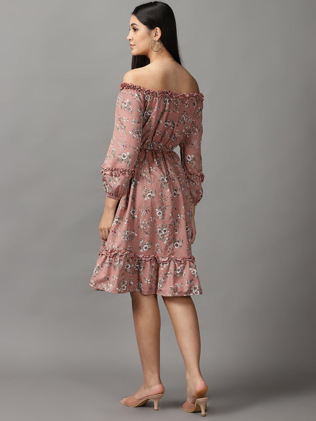 Women's Mauve Floral Off-Shoulder Fit & Flare Dress