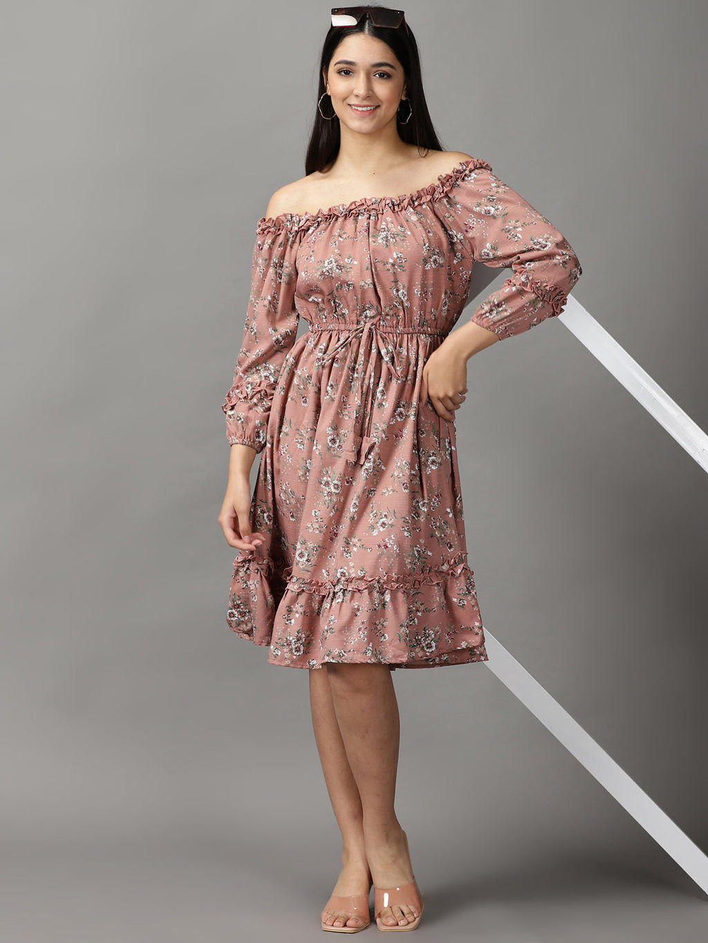 Women's Mauve Floral Off-Shoulder Fit & Flare Dress