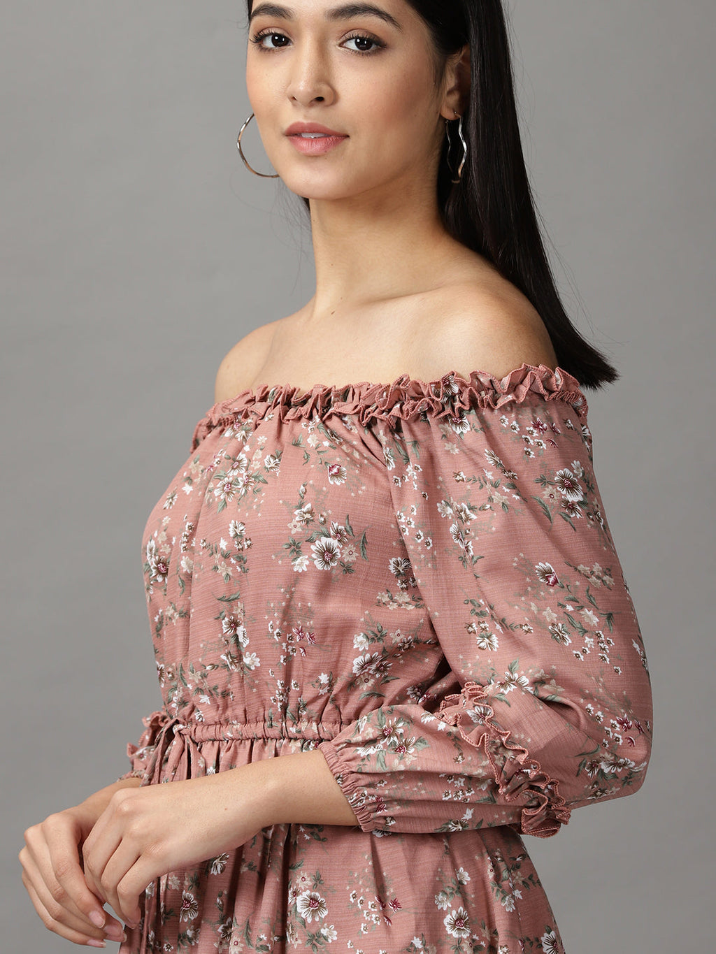 Women's Mauve Floral Off-Shoulder Fit & Flare Dress