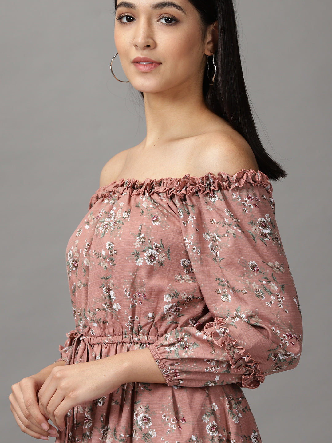 Women's Mauve Floral Off-Shoulder Fit & Flare Dress