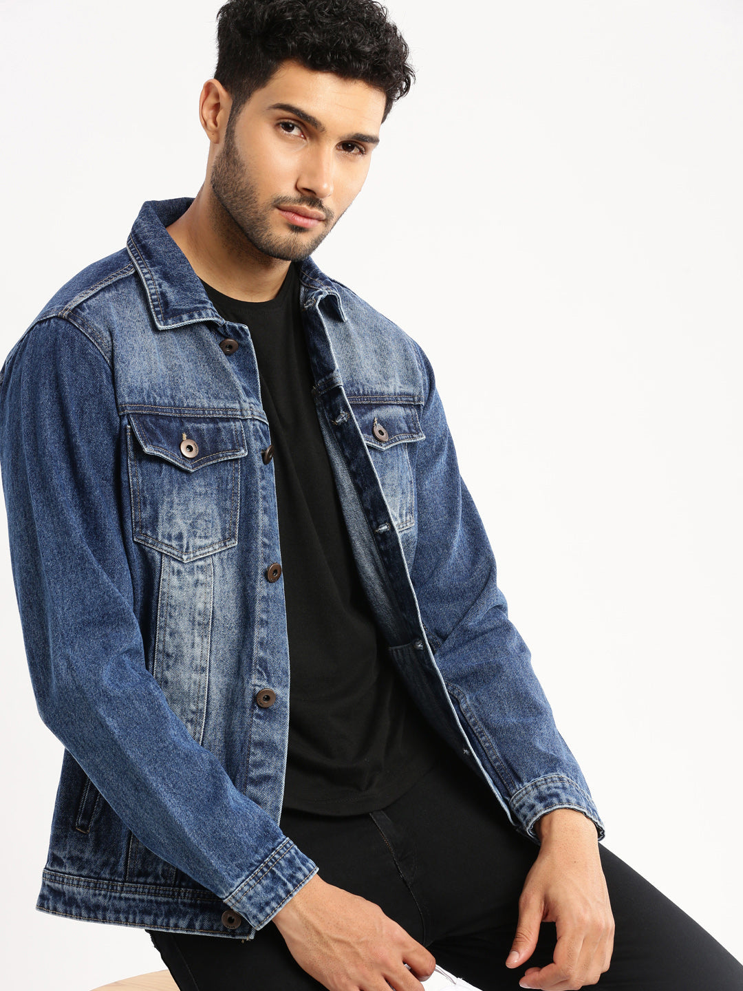 Men's Blue Solid Denim Jacket