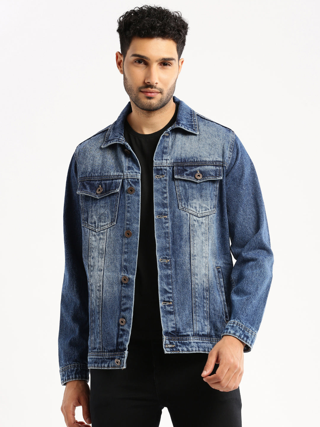 Men's Blue Solid Denim Jacket
