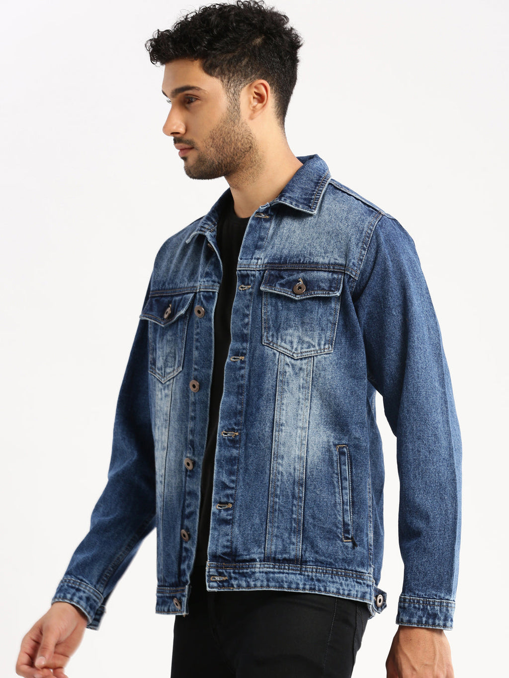 Men's Blue Solid Denim Jacket