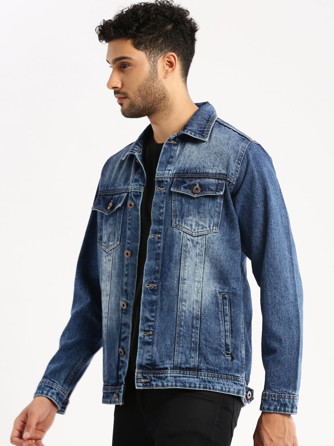 Men's Blue Solid Denim Jacket