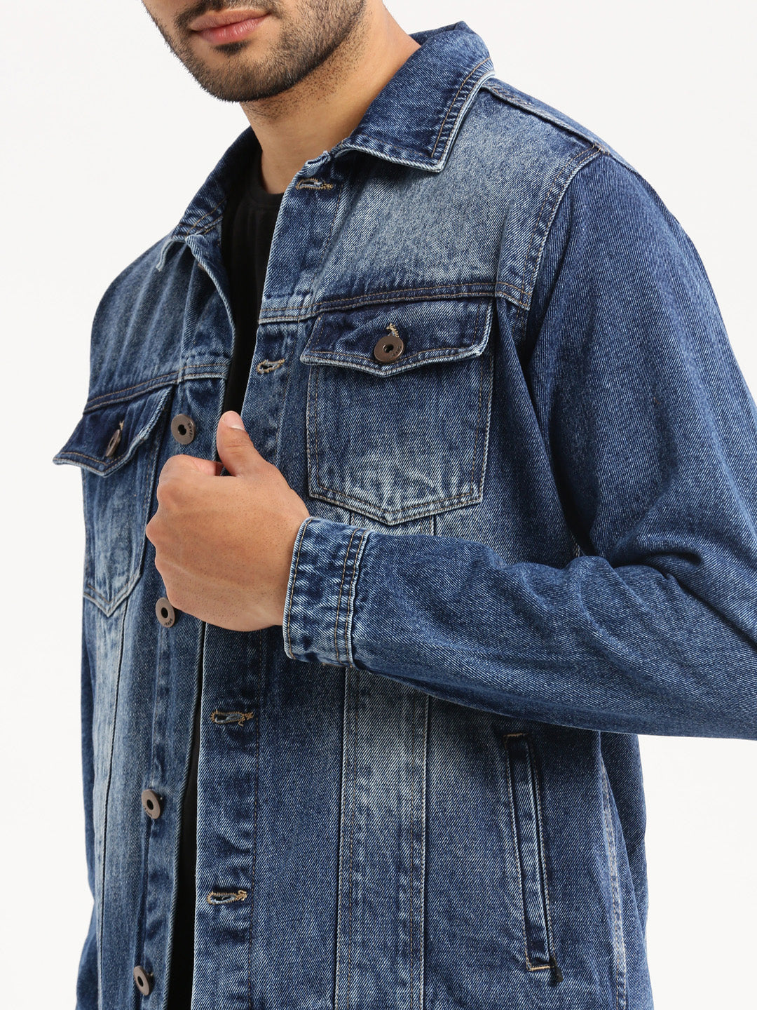 Men's Blue Solid Denim Jacket